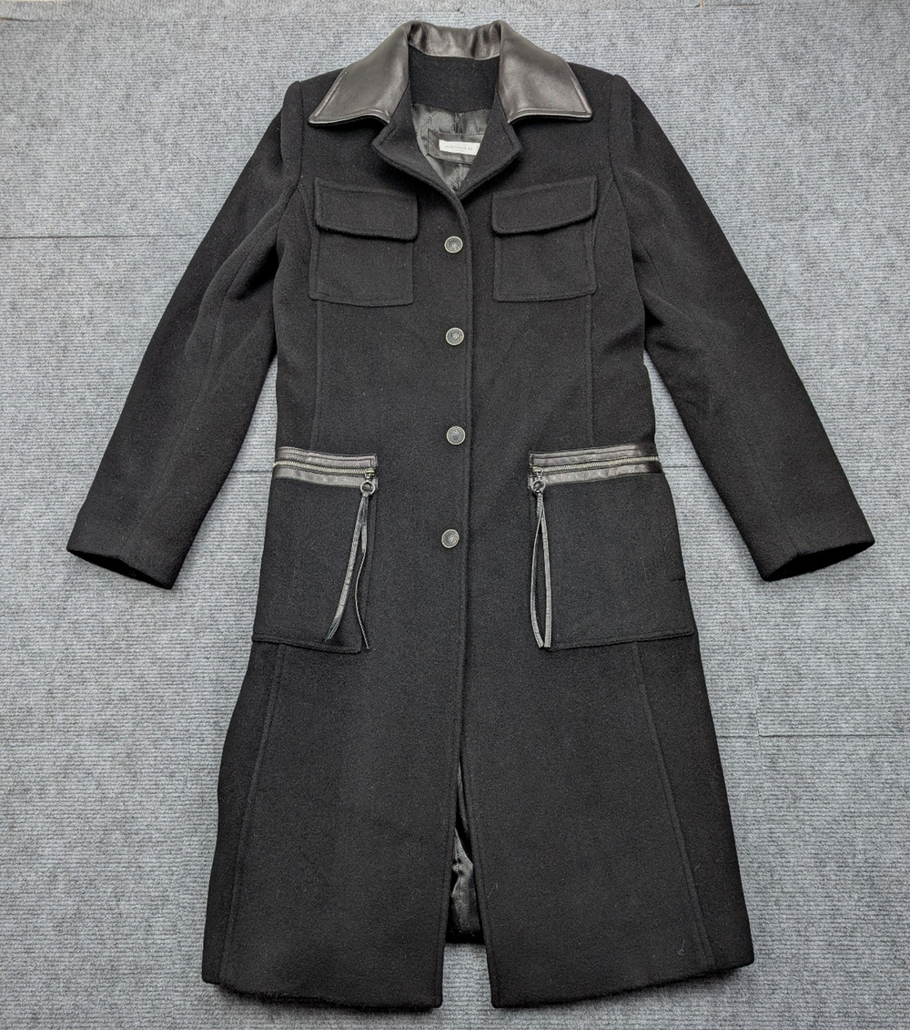 Wool Cashmere Pea Coat Womens 2 Leather Trim Black Old Money France Timeless 90s